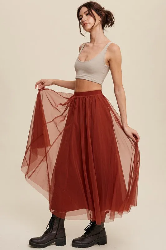 Rust Elastic Waist Maxi Tulle Skirt