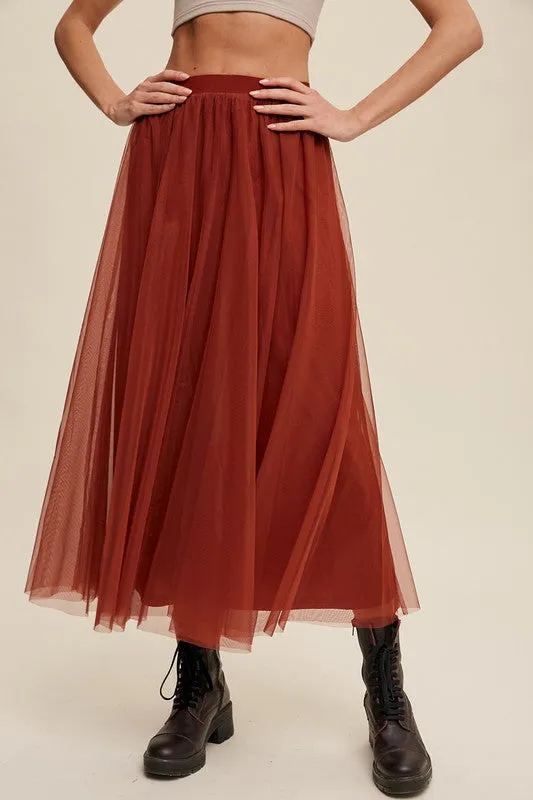 Rust Elastic Waist Maxi Tulle Skirt