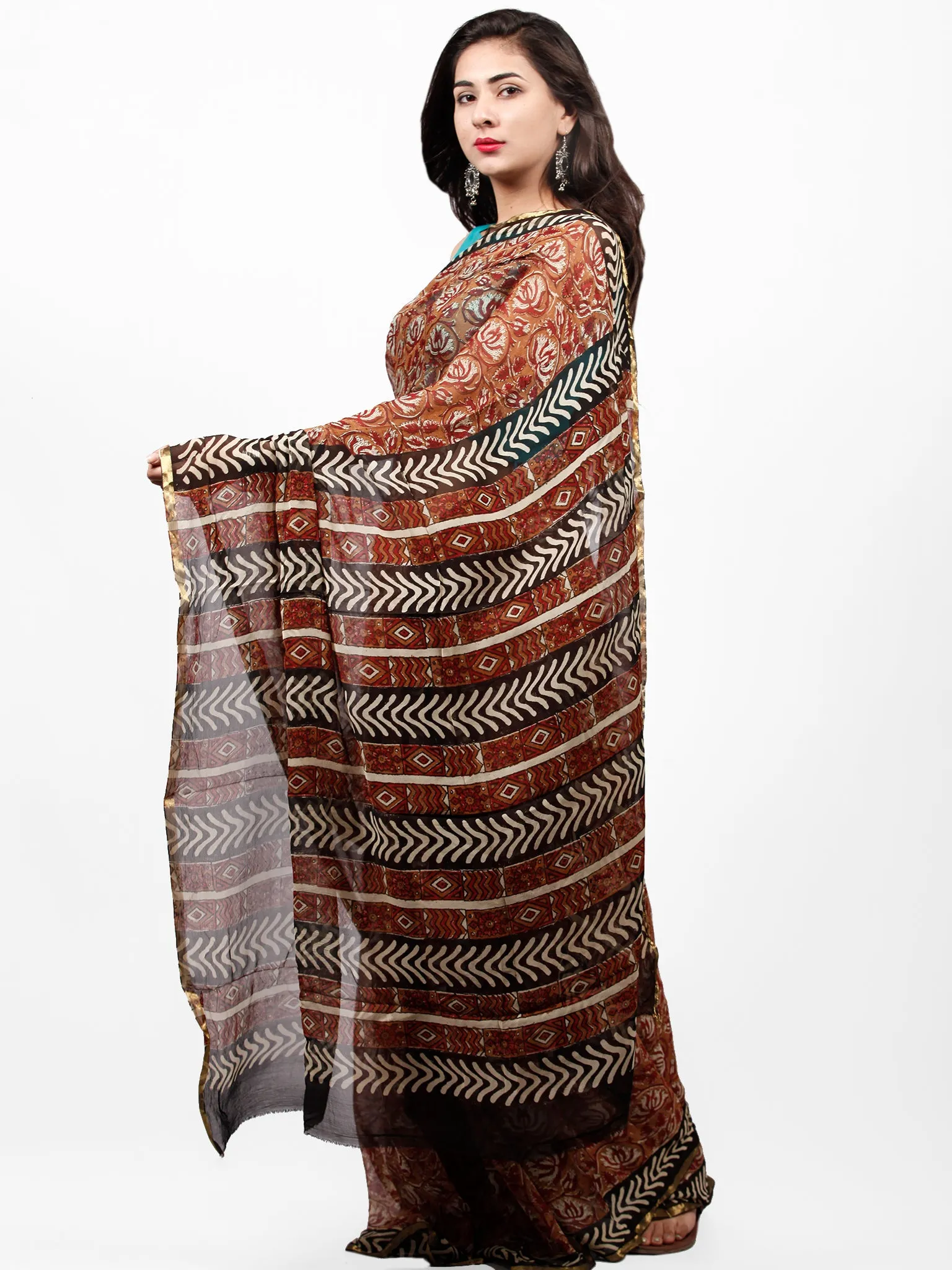 Rust Red Black Hand Block Printed Chiffon Saree with Zari Border - S031703274