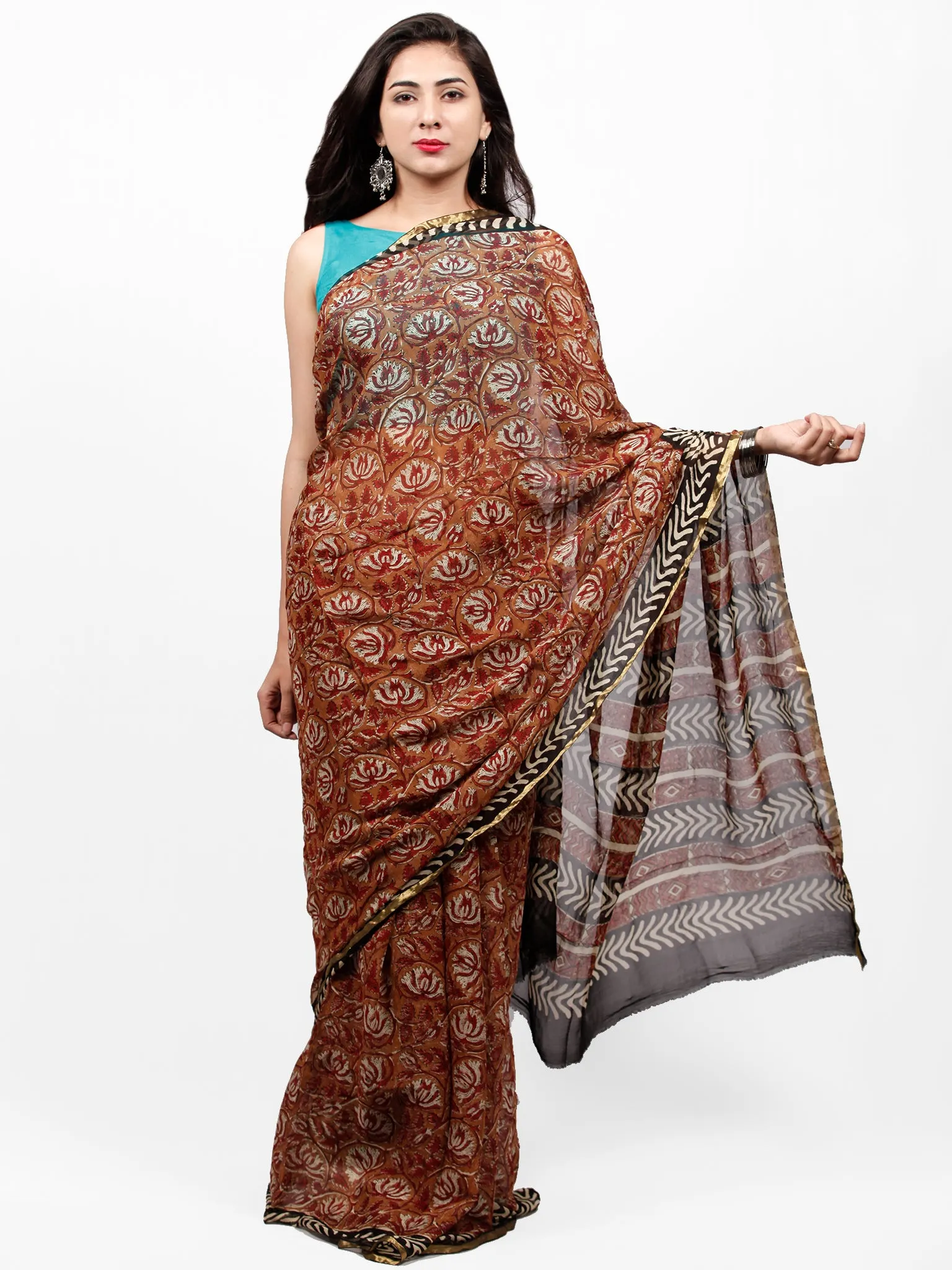 Rust Red Black Hand Block Printed Chiffon Saree with Zari Border - S031703274