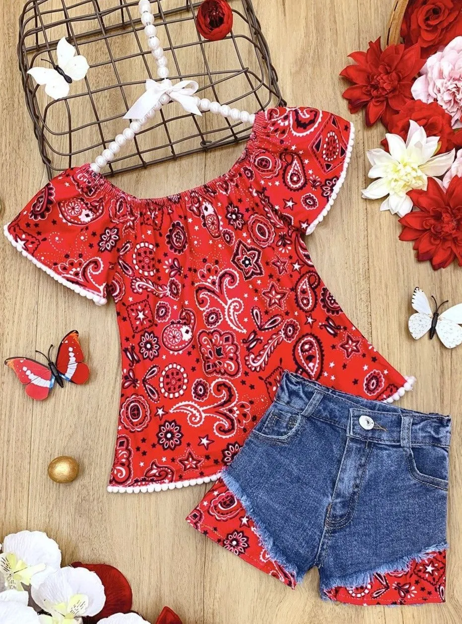 Rustic Cutie Paisley Denim Shorts Set