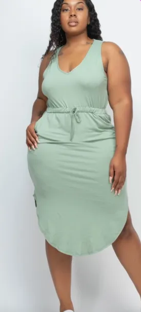 Sage Drawstring Curvy Fit Midi Dress