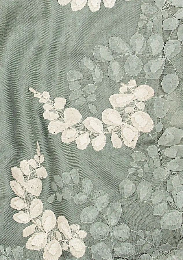 Sage Green Silk and Wool Scarf with a Sage Green and Beige Double Scalloped Lace Border