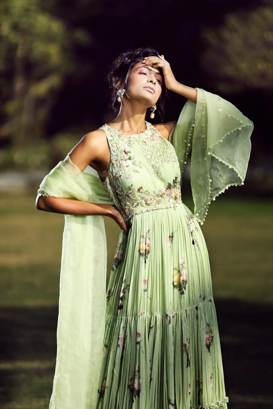 Sage tiered anarkali