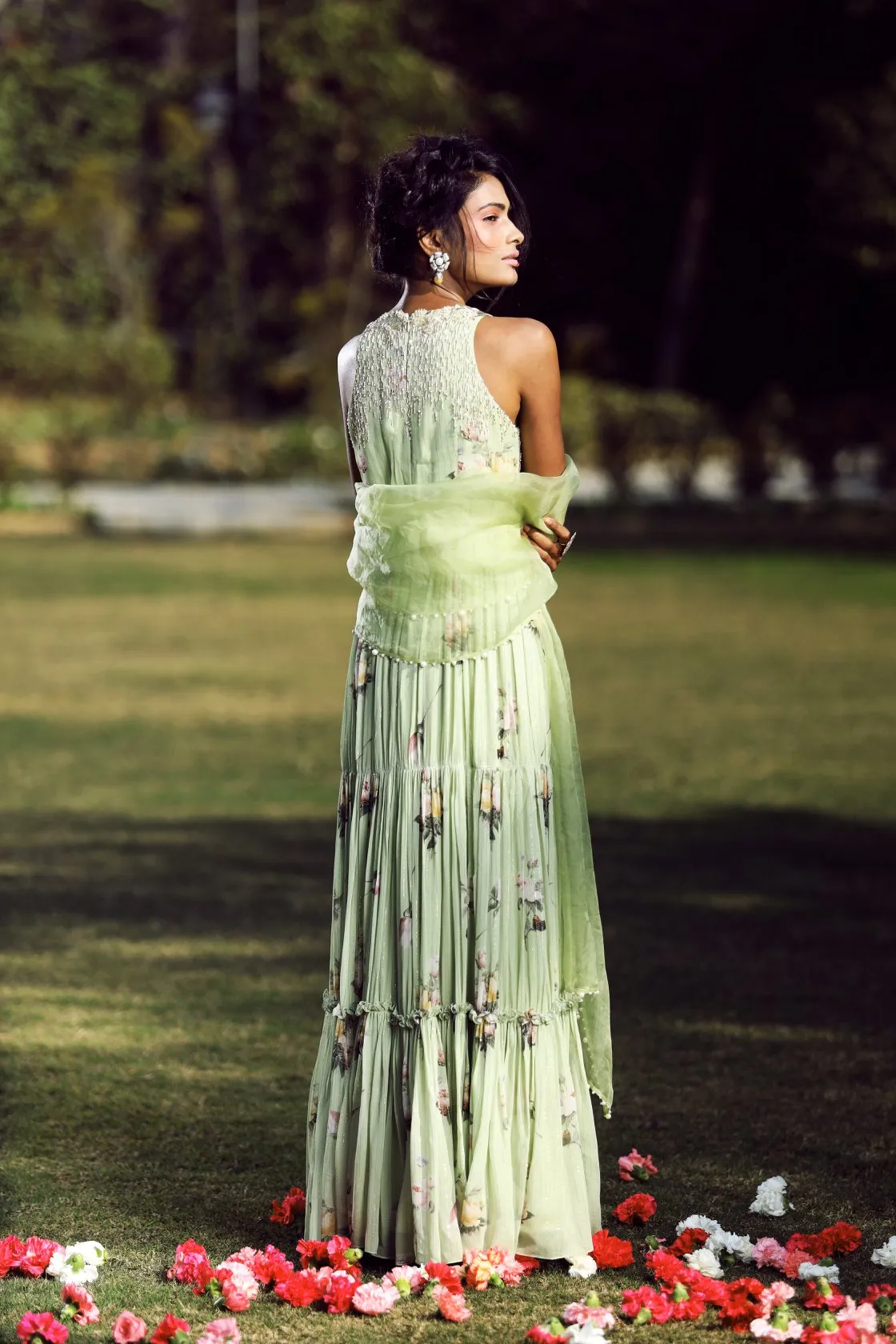 Sage tiered anarkali