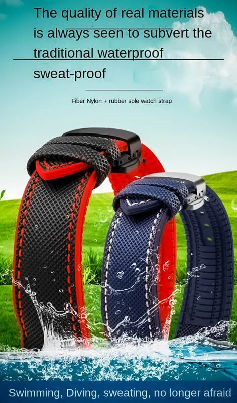 Sailcloth waterproof hybrid fluororubber (FKM) watch strap, premium quality, for sports, divers watches, width: 20, 22, 24 mm.