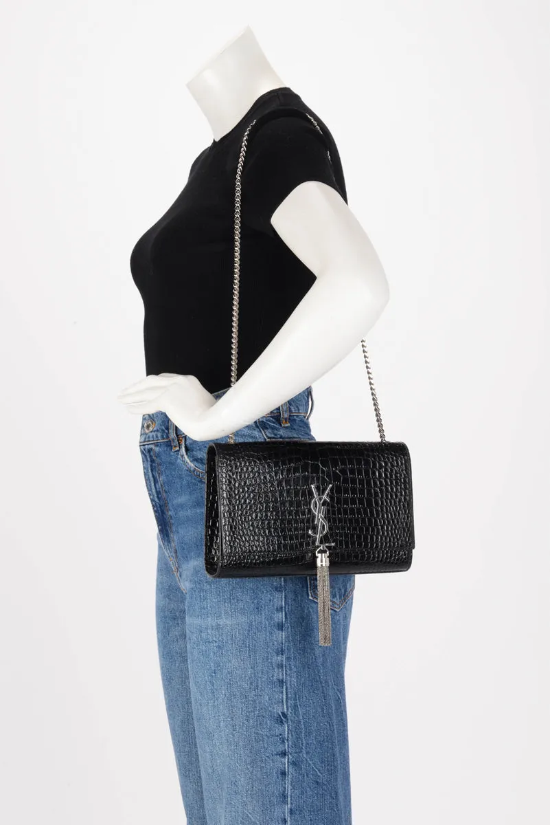 Saint Laurent Black Croc Embossed Medium Kate Tassel Bag