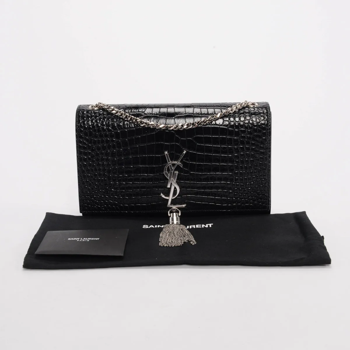 Saint Laurent Black Croc Embossed Medium Kate Tassel Bag