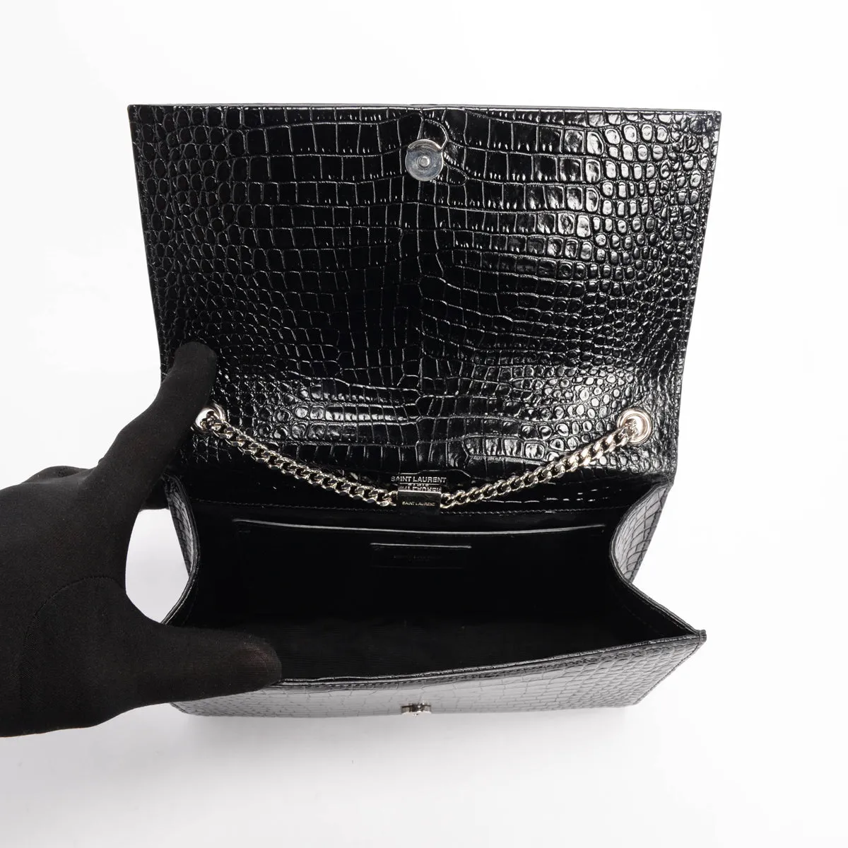 Saint Laurent Black Croc Embossed Medium Kate Tassel Bag