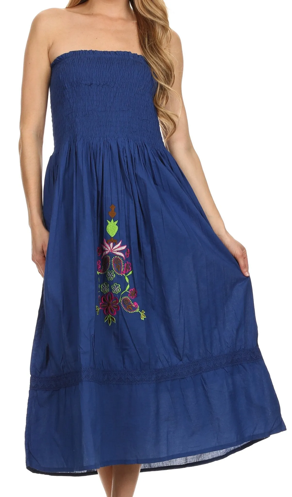 Sakkas Elsie Floral Embroidered Cotton Tube Top Dress