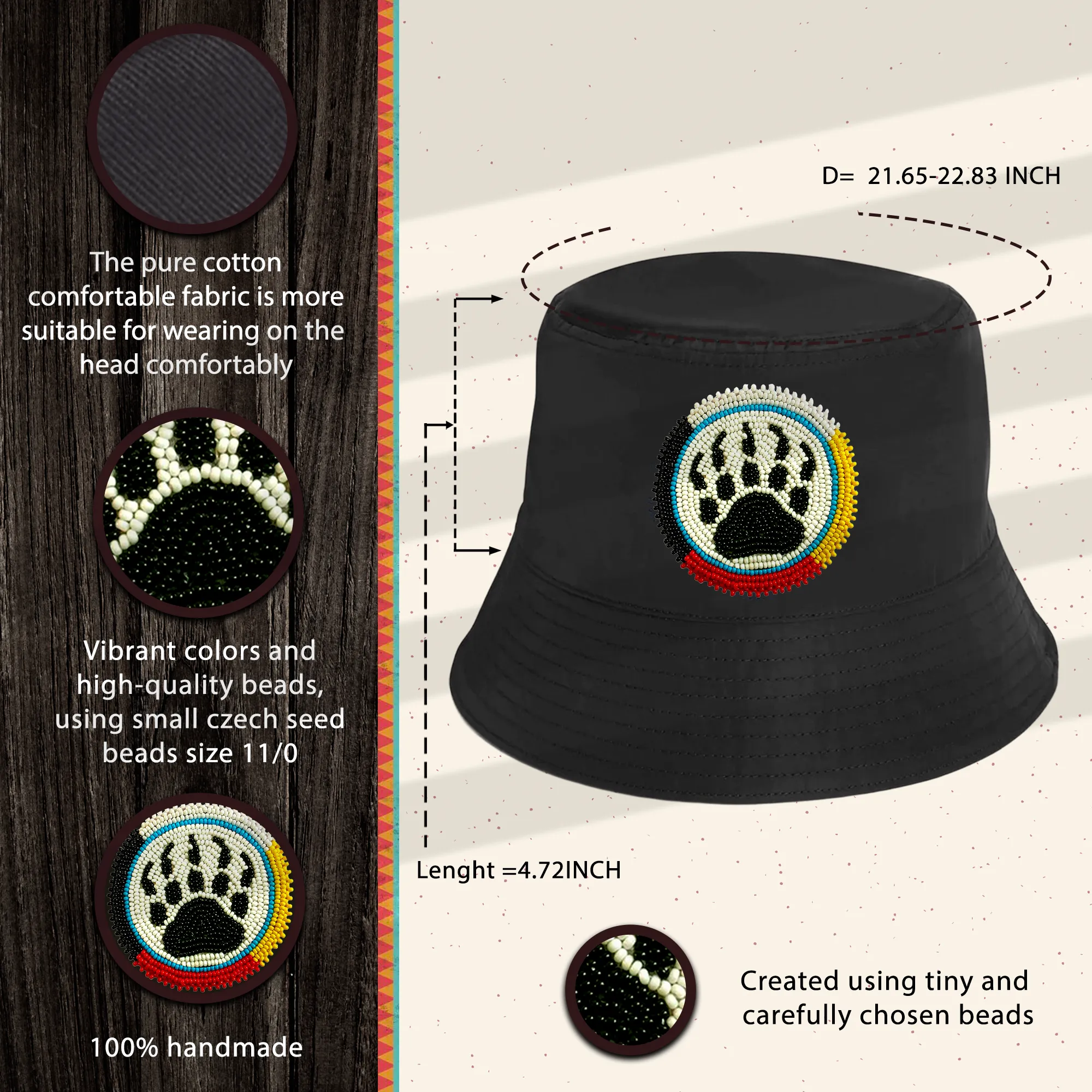 SALE 50% OFF - Bear Paw Beaded Unisex Cotton Bucket Hat with Native American