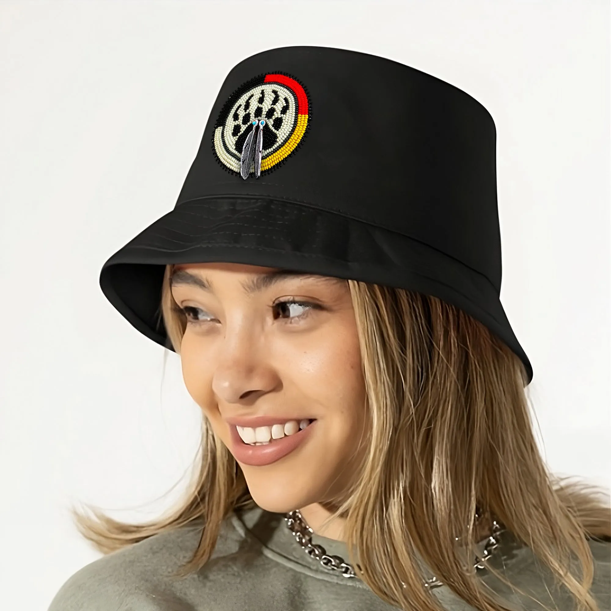 SALE 50% OFF - Bear Paw Beaded Unisex Cotton Bucket Hat with Native American