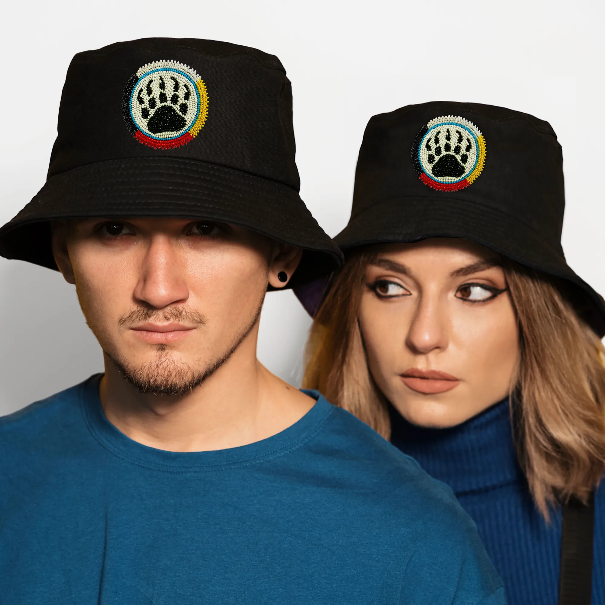 SALE 50% OFF - Bear Paw Beaded Unisex Cotton Bucket Hat with Native American