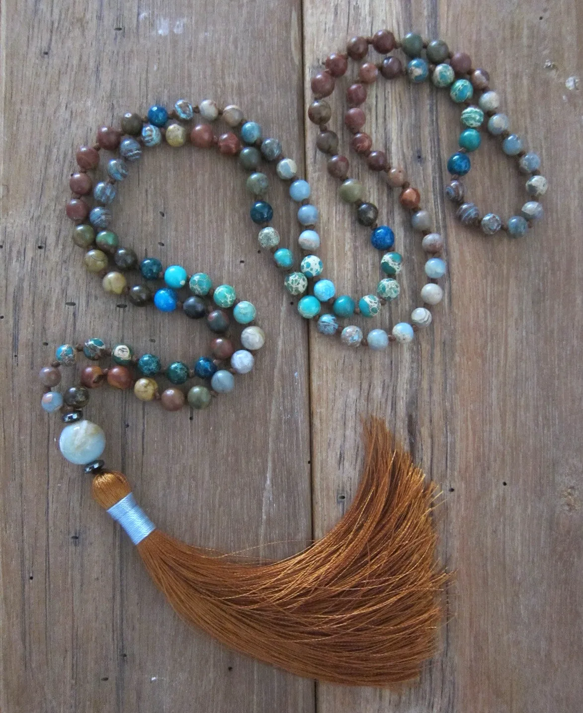 SALE - Long Tassel Mala Necklace in Jasper Stones