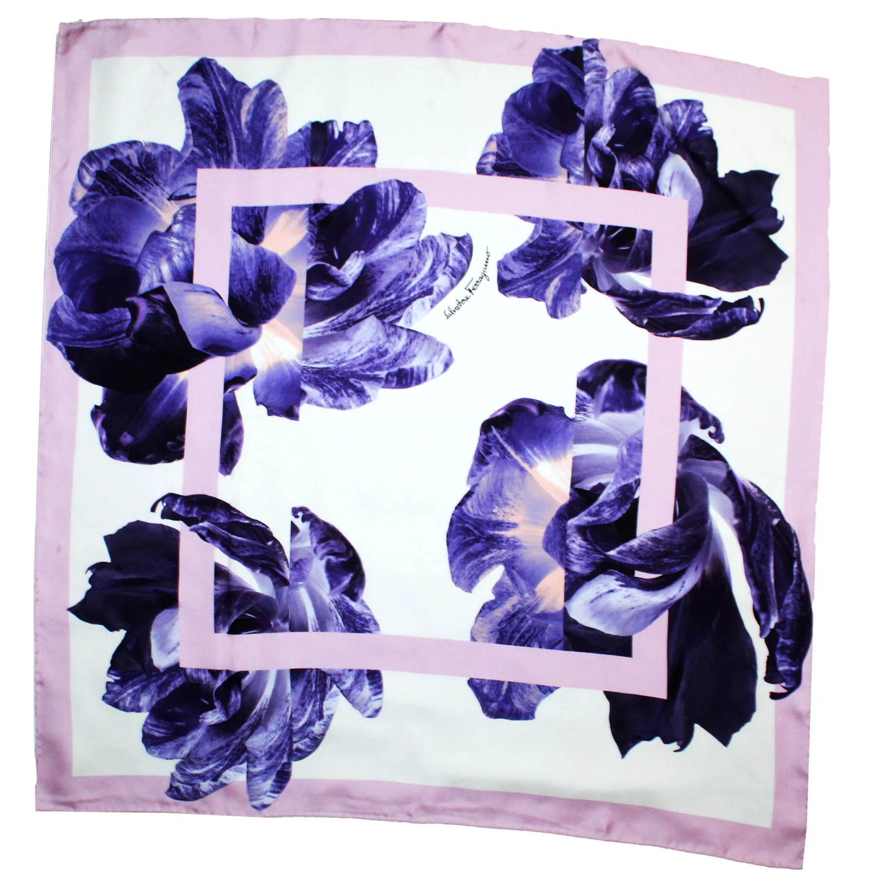 Salvatore Ferragamo Scarf Pink Purple Tulipani Design - Large 36" Square Twill Silk Foulard SALE