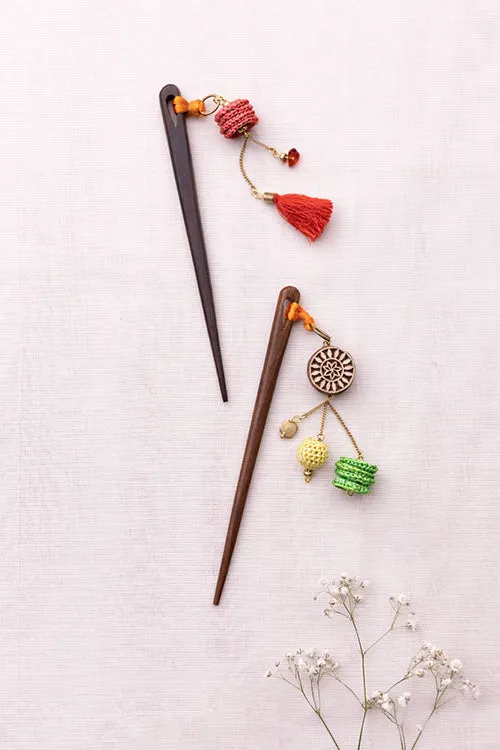 Samoolam Handmade Crochet Hairstick ~ Woodblock Flowers Multicolour - Pair