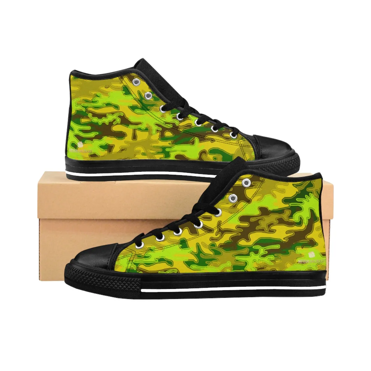 Sand Brown Camo High Tops, Green Camouflage Army Military Print Men's High-top Sneakers Shoes