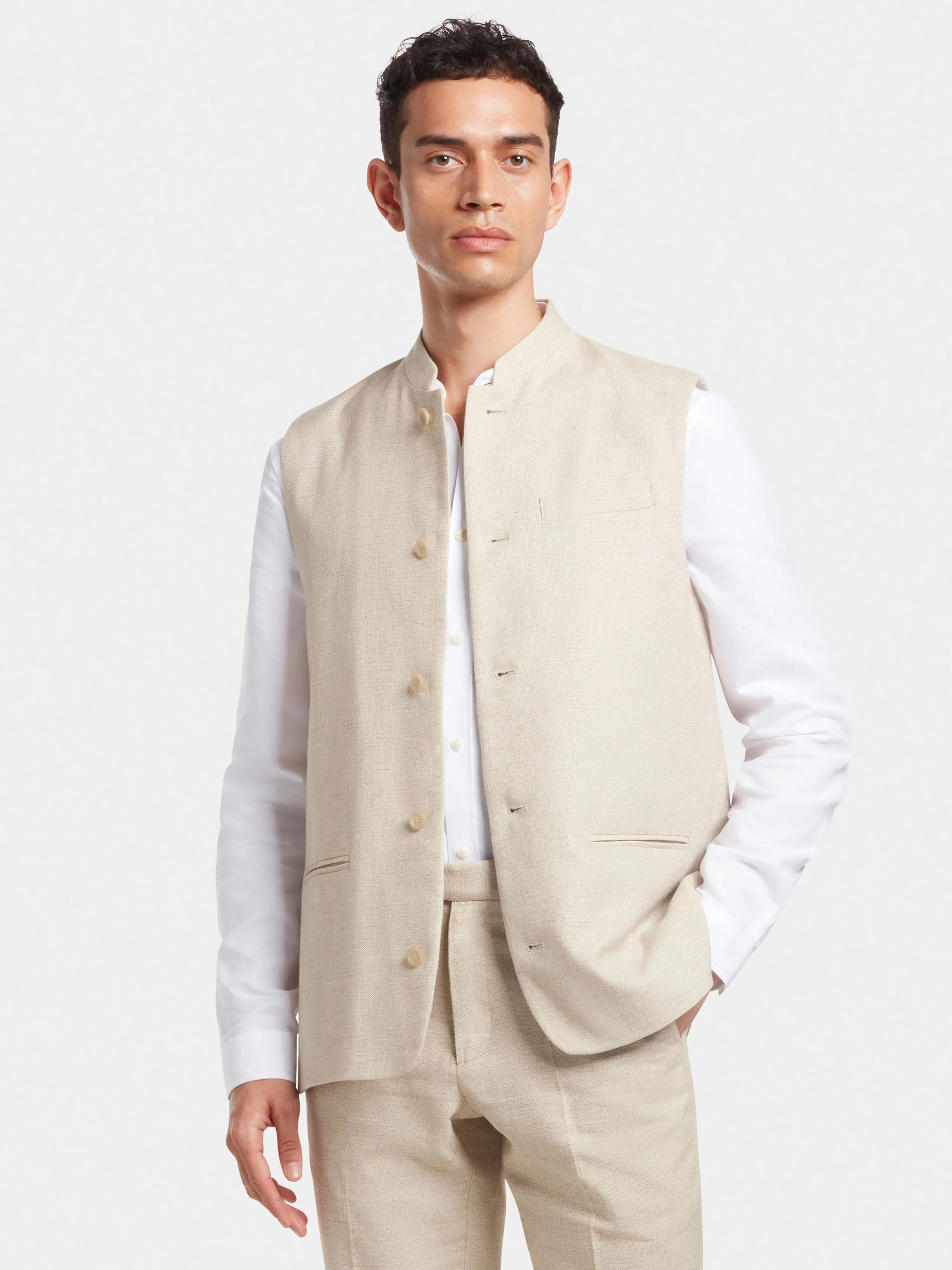 Sand Cotton Linen Nehru Waistcoat