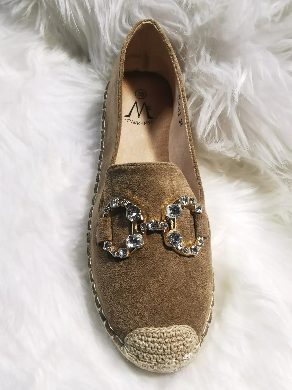 SAND CRYSTAL EMBELLISHED FAUX SUEDE SLIP ON ESPADRILLE