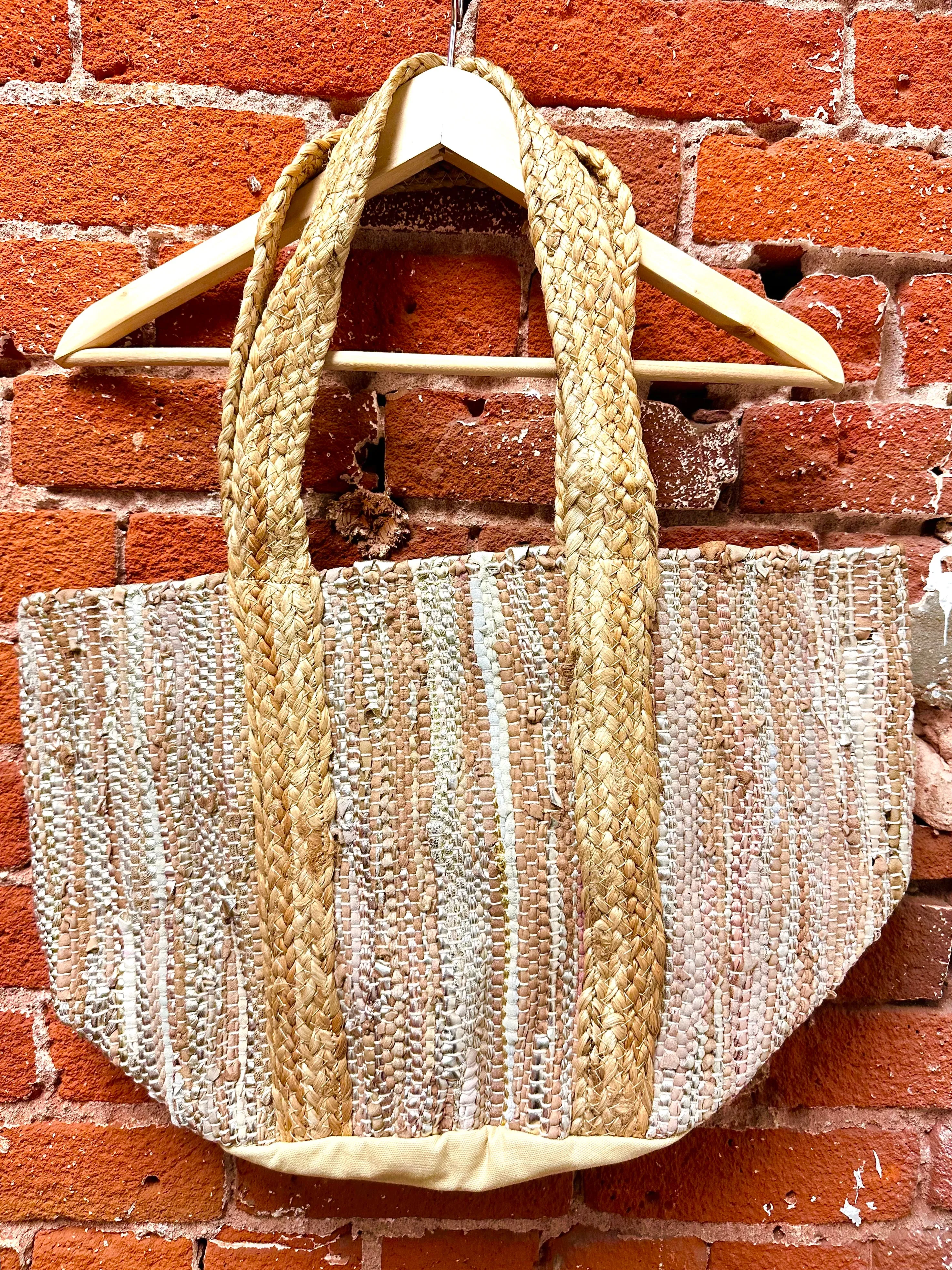 Sandie Woven Tote Bag in Tan/Silver