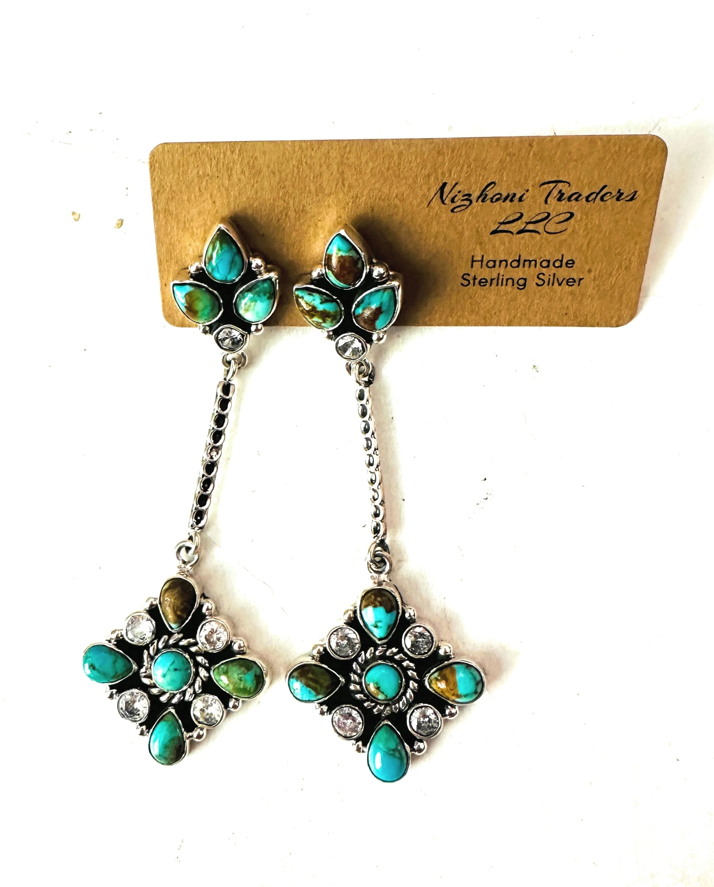 Santa Fe Handmade Turquoise, CZ & Sterling Silver Dangle Earrings