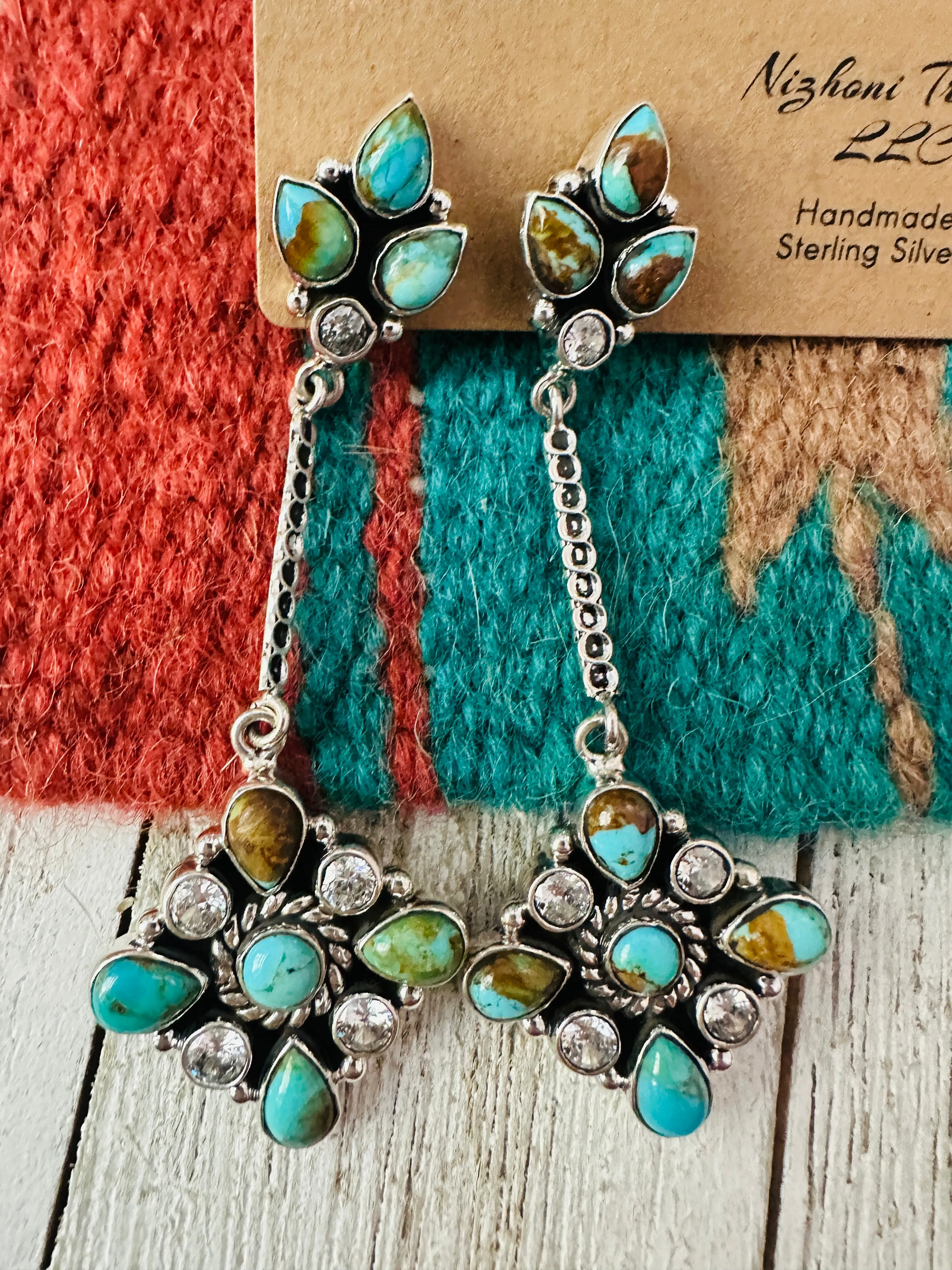 Santa Fe Handmade Turquoise, CZ & Sterling Silver Dangle Earrings