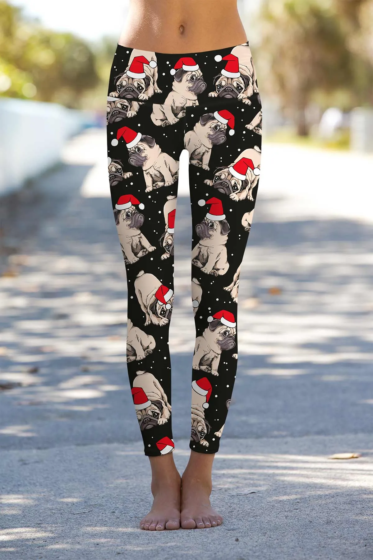 Santa Puglaus Lucy Black Dog Christmas Holiday Winter Leggings - Women