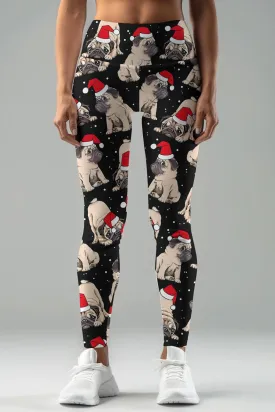 Santa Puglaus Lucy Black Dog Christmas Holiday Winter Leggings - Women