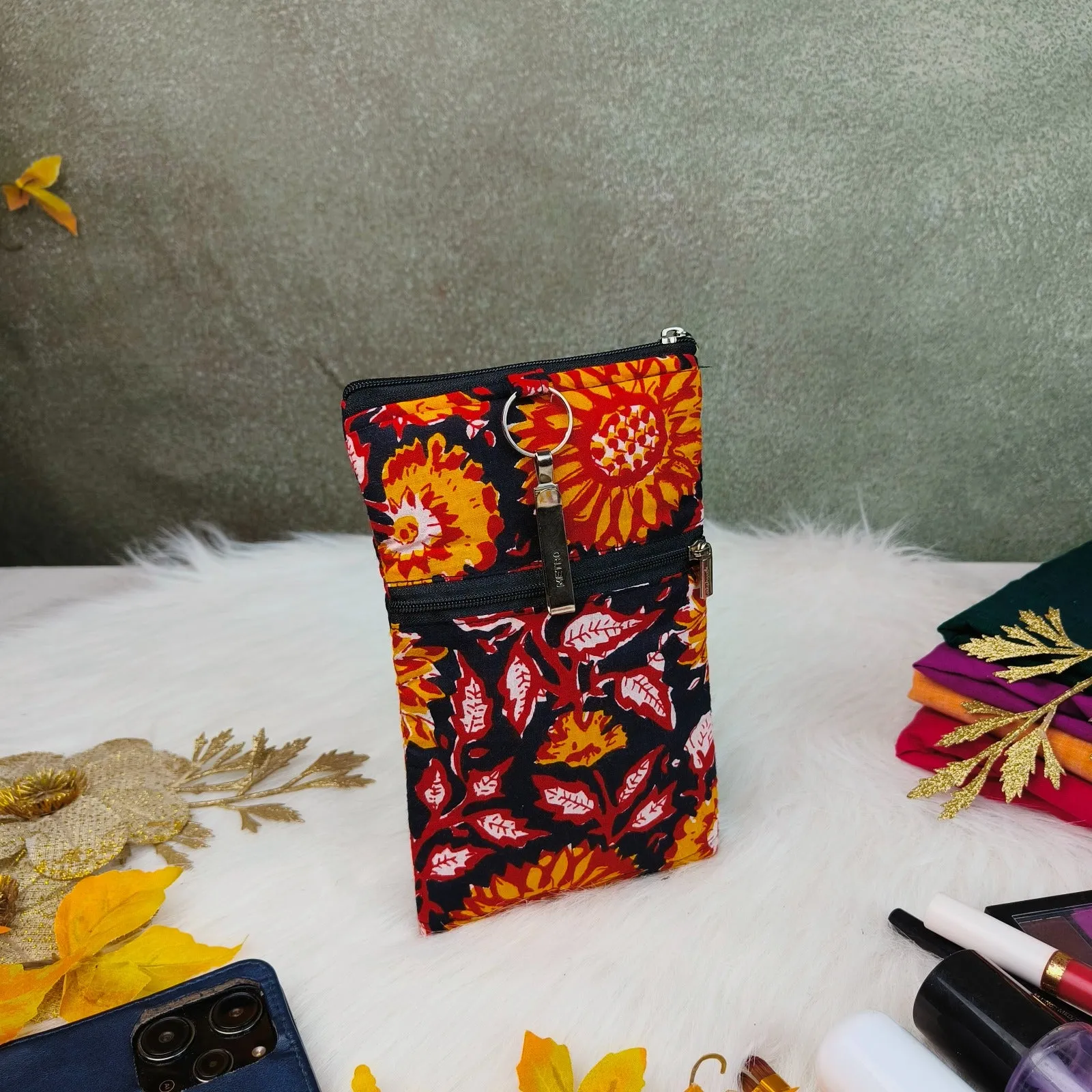 Saree Clip Mobile Pouch Black with Orange Floral Prints Design