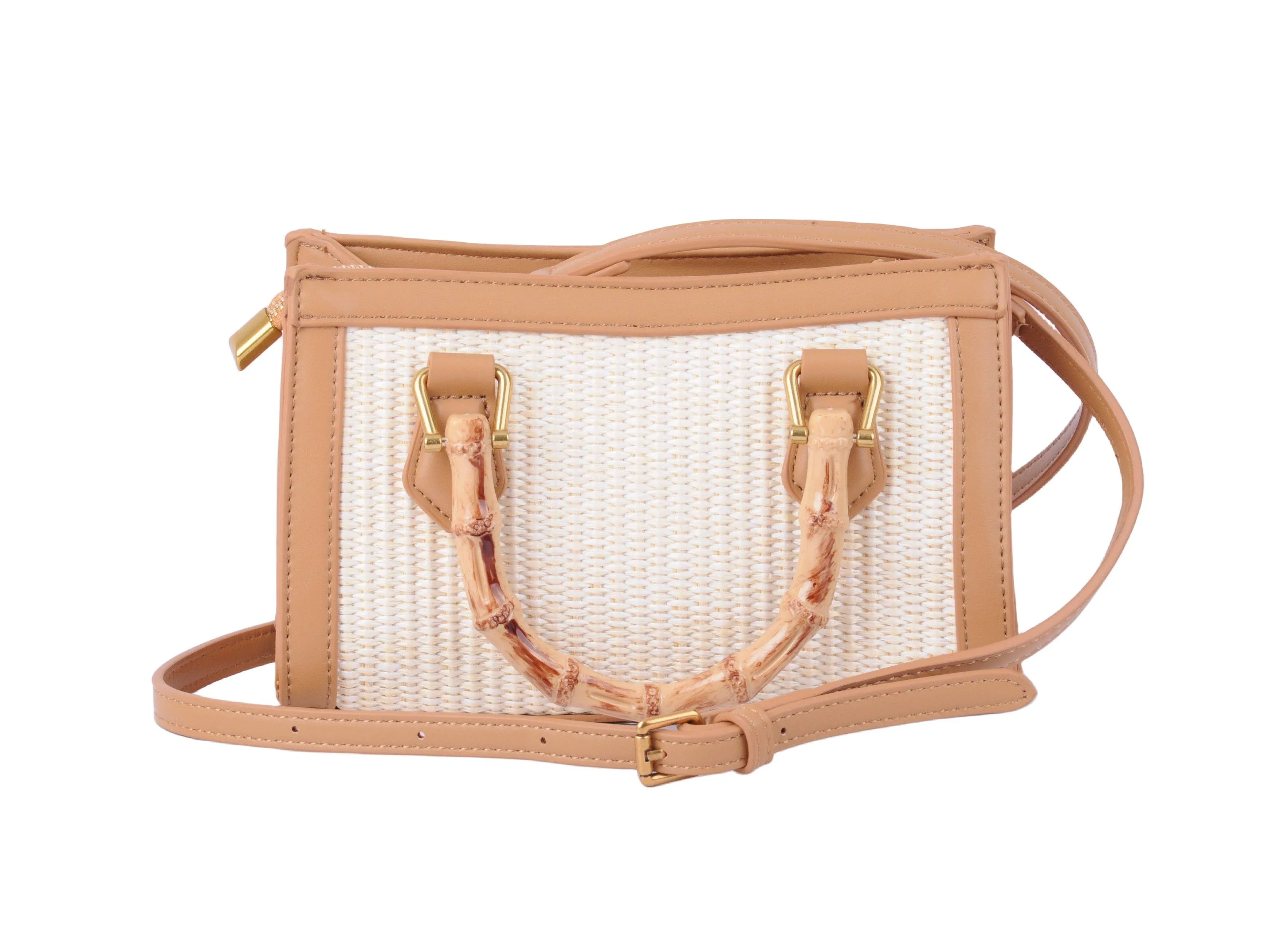 Satchel with Bamboo Top Handle and Raffia Body