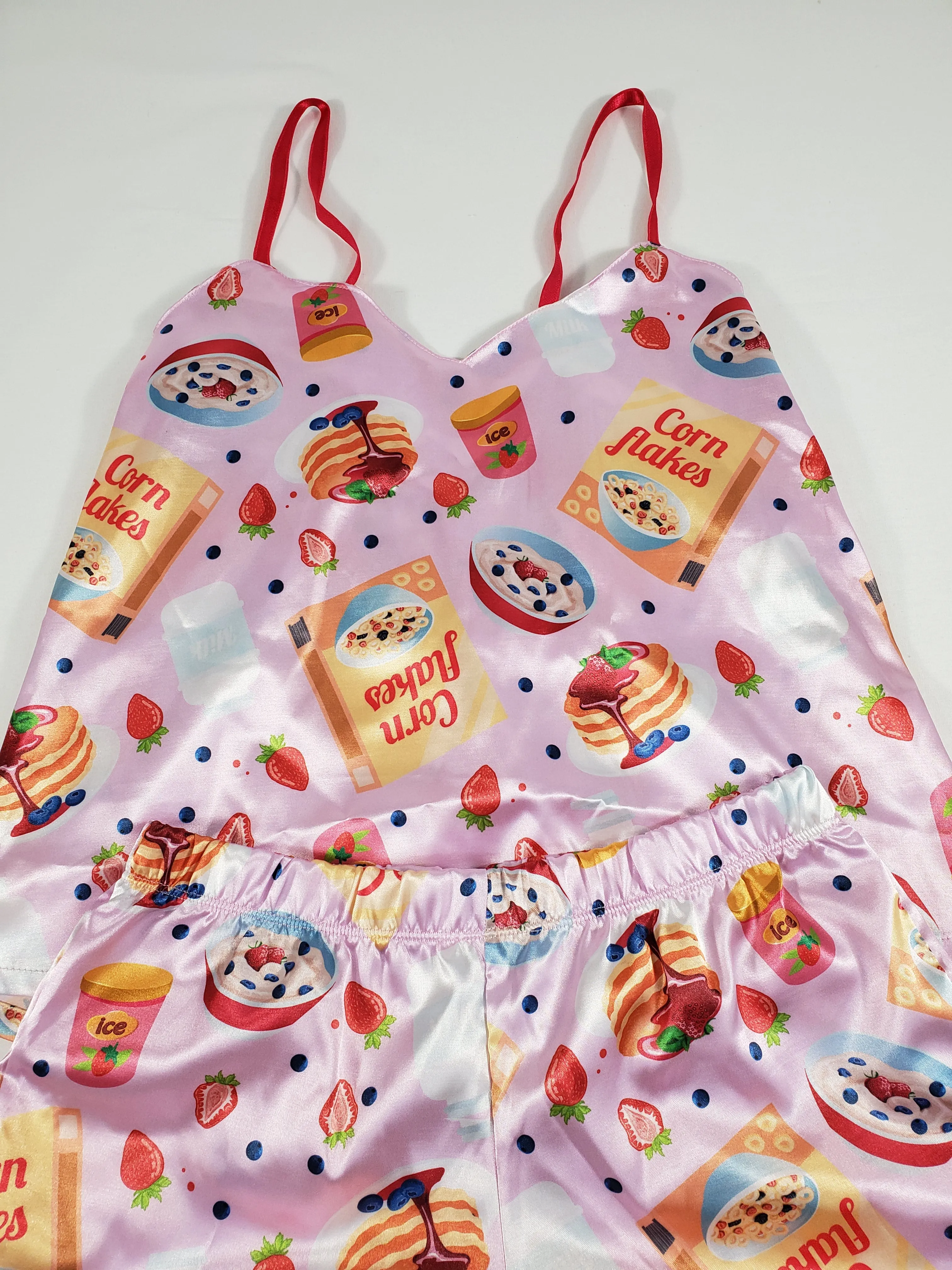 Satin Women's pajama set breakfast cereal theme shorts and blouse