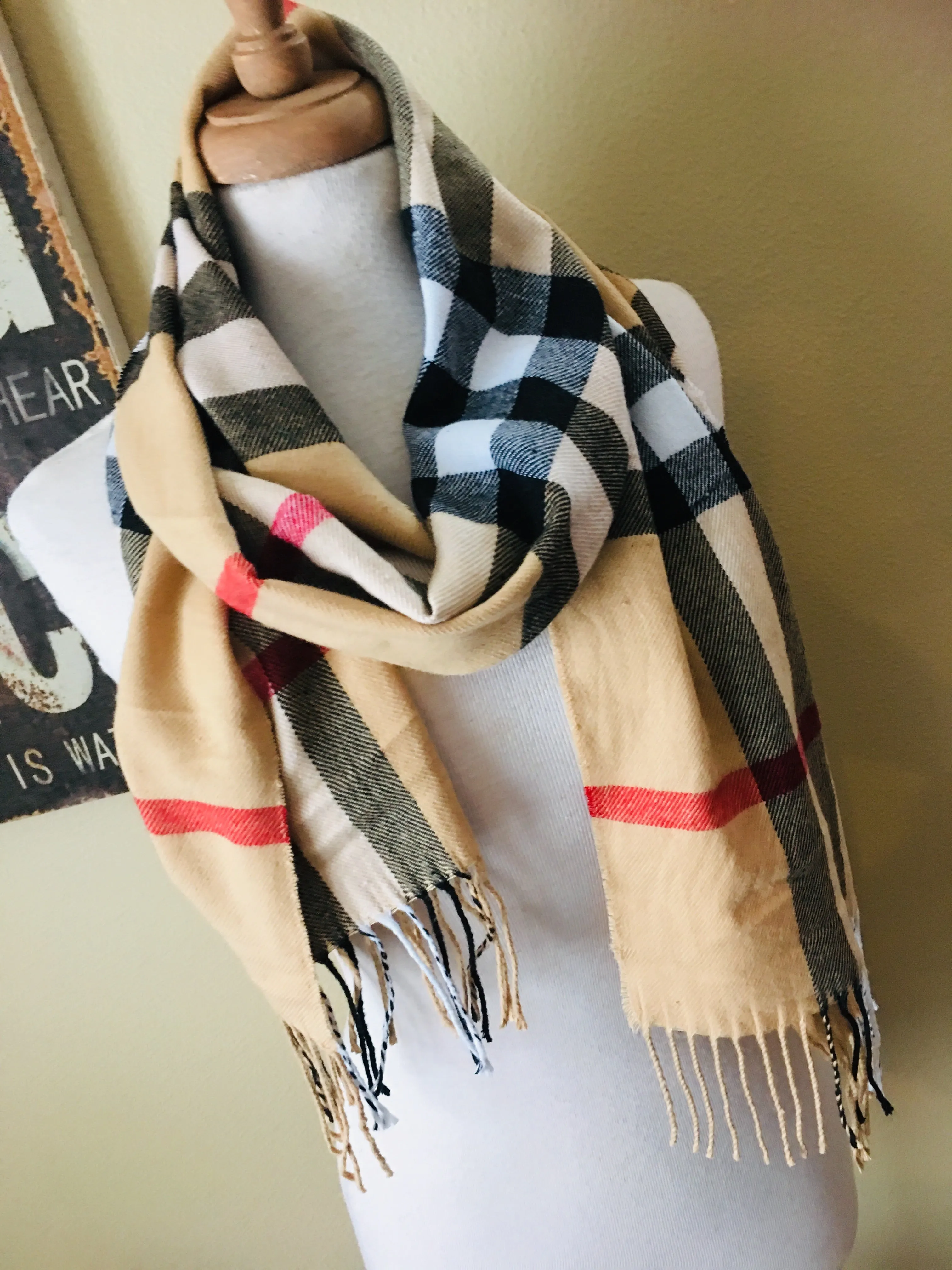 Scarf { Plaid, classic check, camel } Long. Tie end to make infinity.