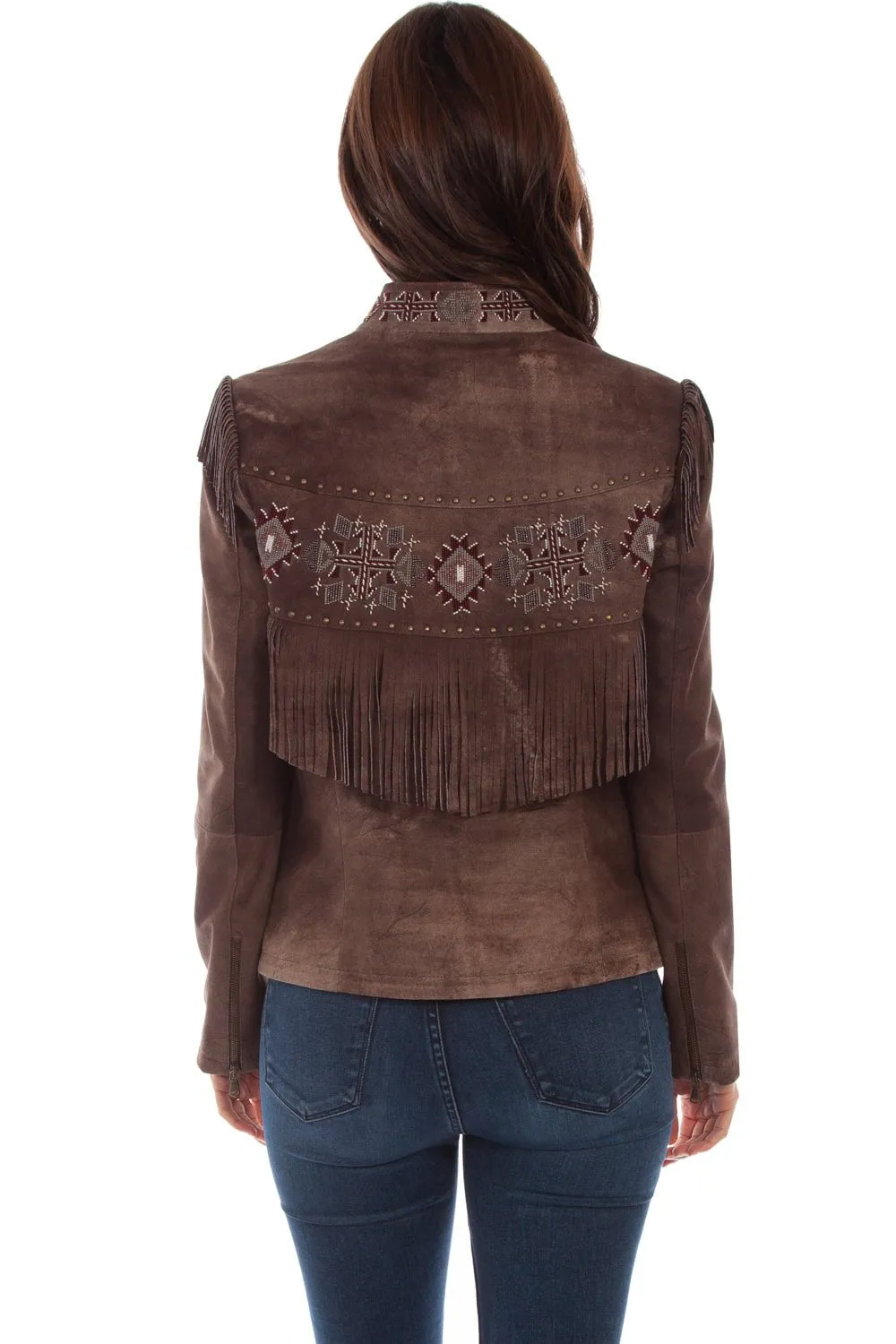 Scully Womens Aztec Beaded Fringe Chocolate Leather Leather Jacket