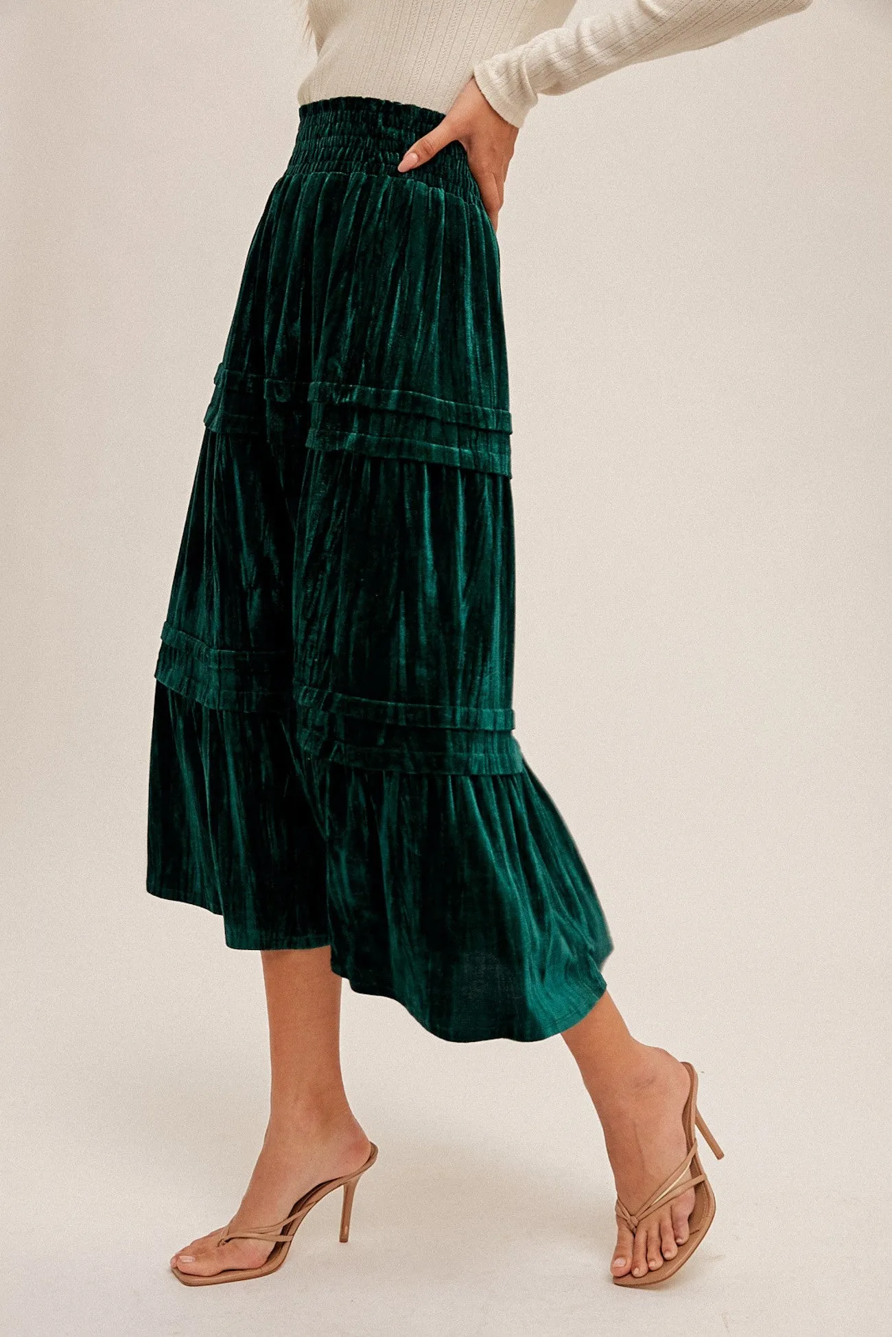 Sea Green Velvet Midi Skirts With Tuck Detail