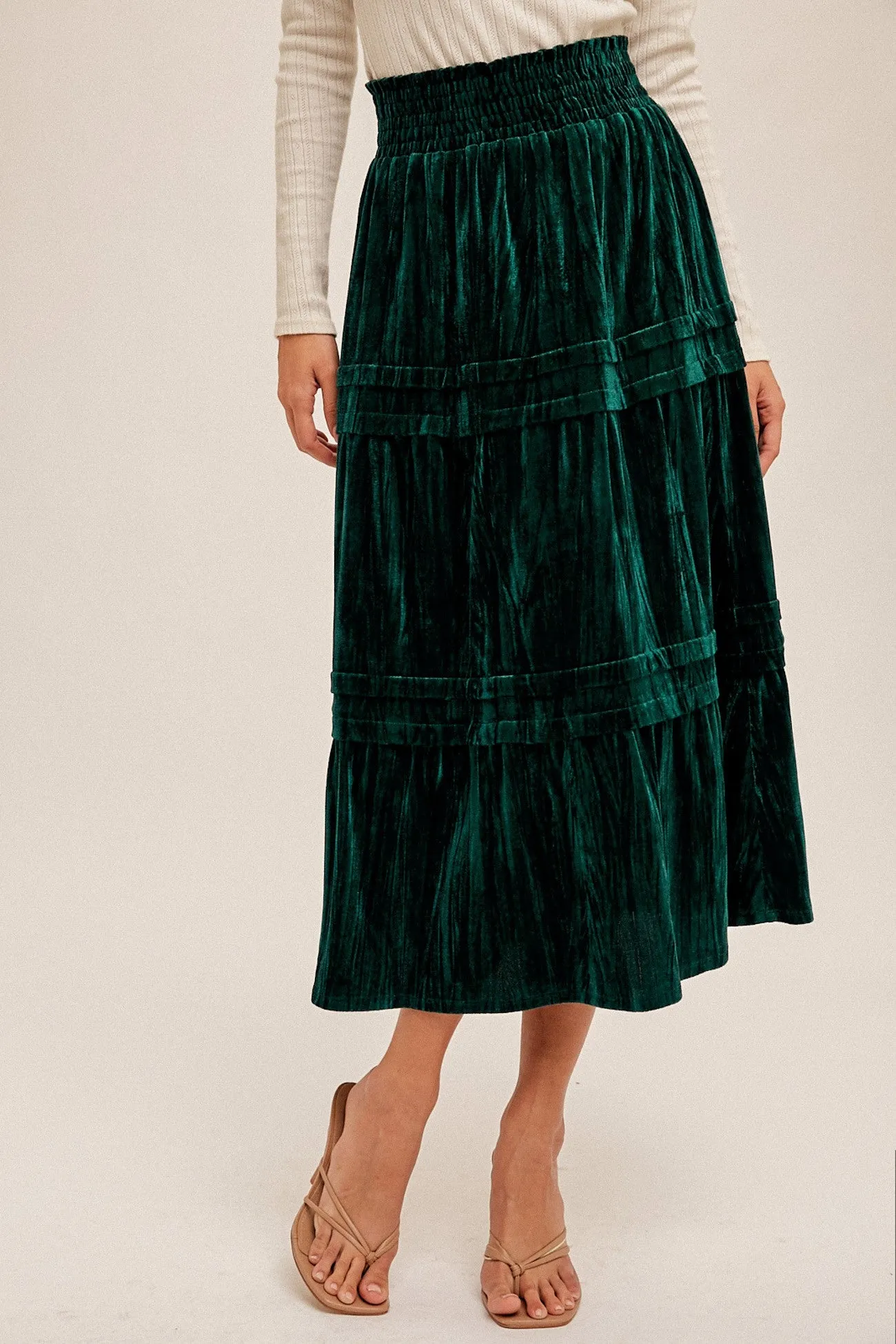 Sea Green Velvet Midi Skirts With Tuck Detail