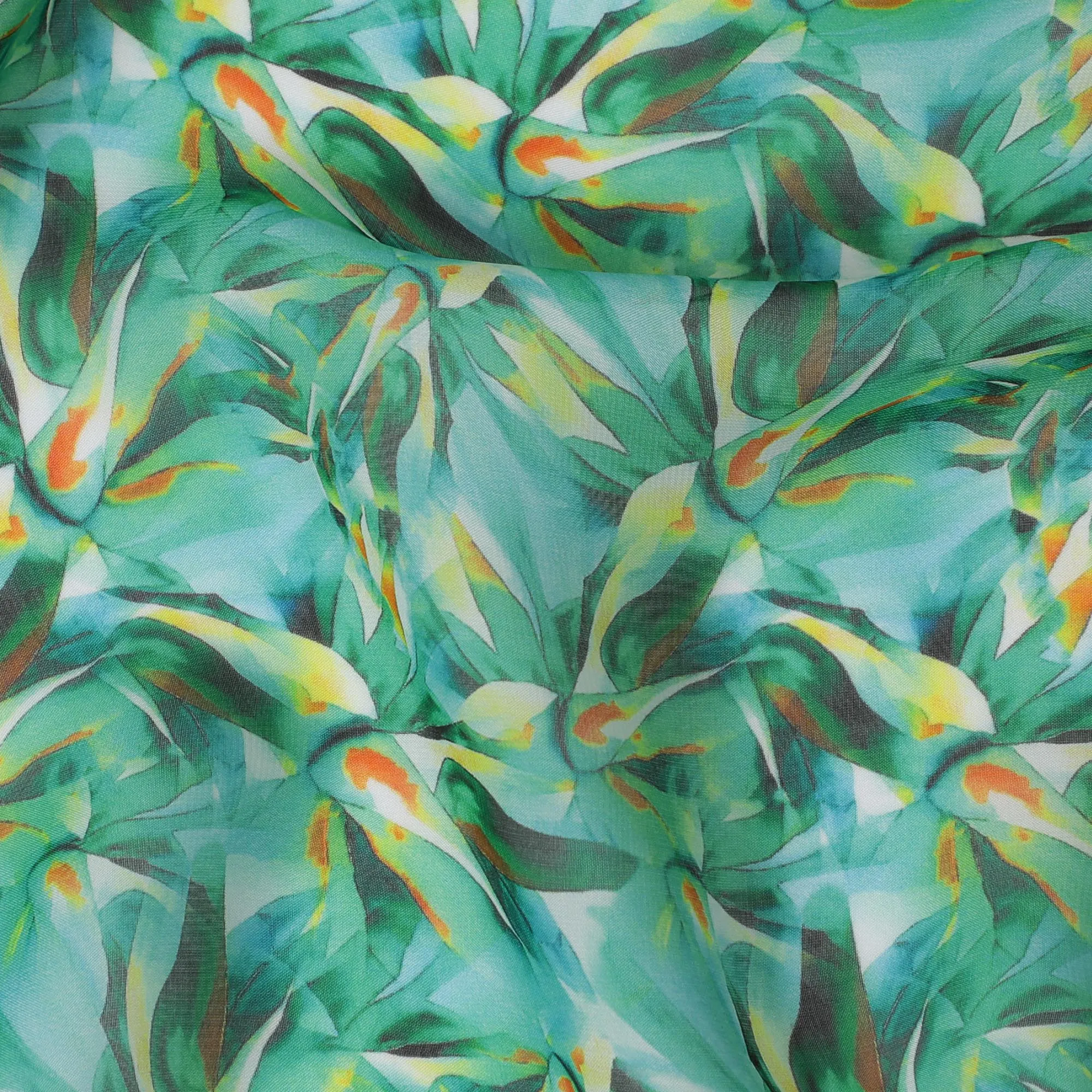 Seafoam Green Synthetic Chiffon Fabric with Orange and Yellow Feather Print, 140 cm Wide-D19118