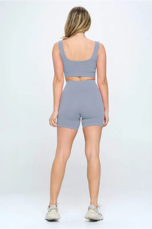 Seamless Ribbed Padded Tank & Biker Shorts Set