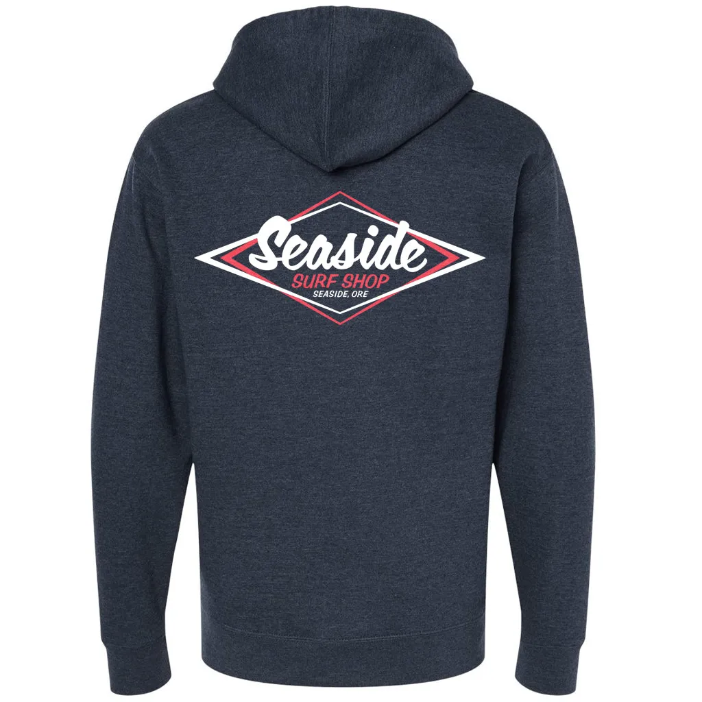 Seaside Surf Shop Mens Vintage Logo Zip Hoody - Classic Navy Heather/White Red Logo