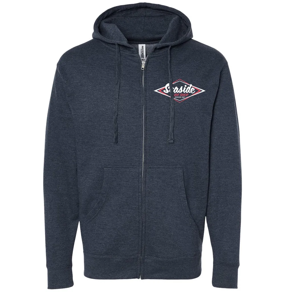 Seaside Surf Shop Mens Vintage Logo Zip Hoody - Classic Navy Heather/White Red Logo