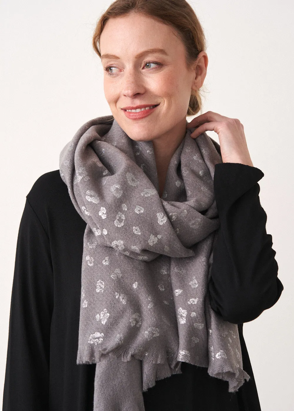 SELIE LEOPARD FOIL PRINT SCARF - GREY