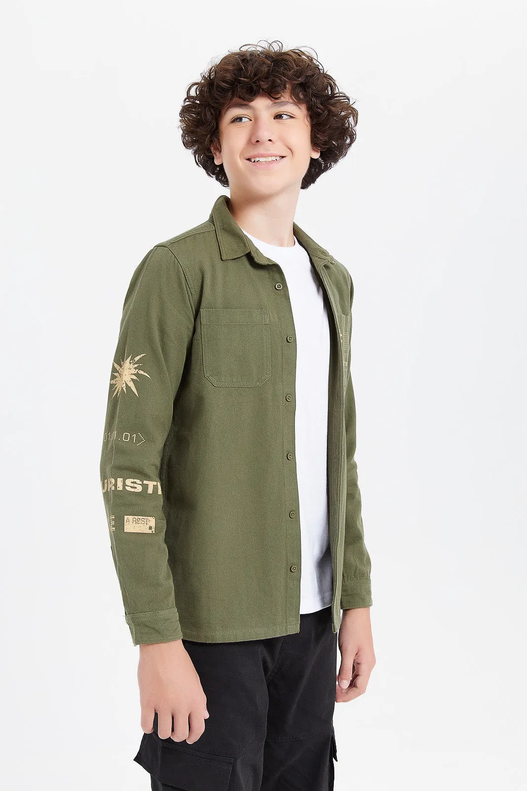 Senior Boys Olive And White Shirt With T-Shirt Set (2 Piece)