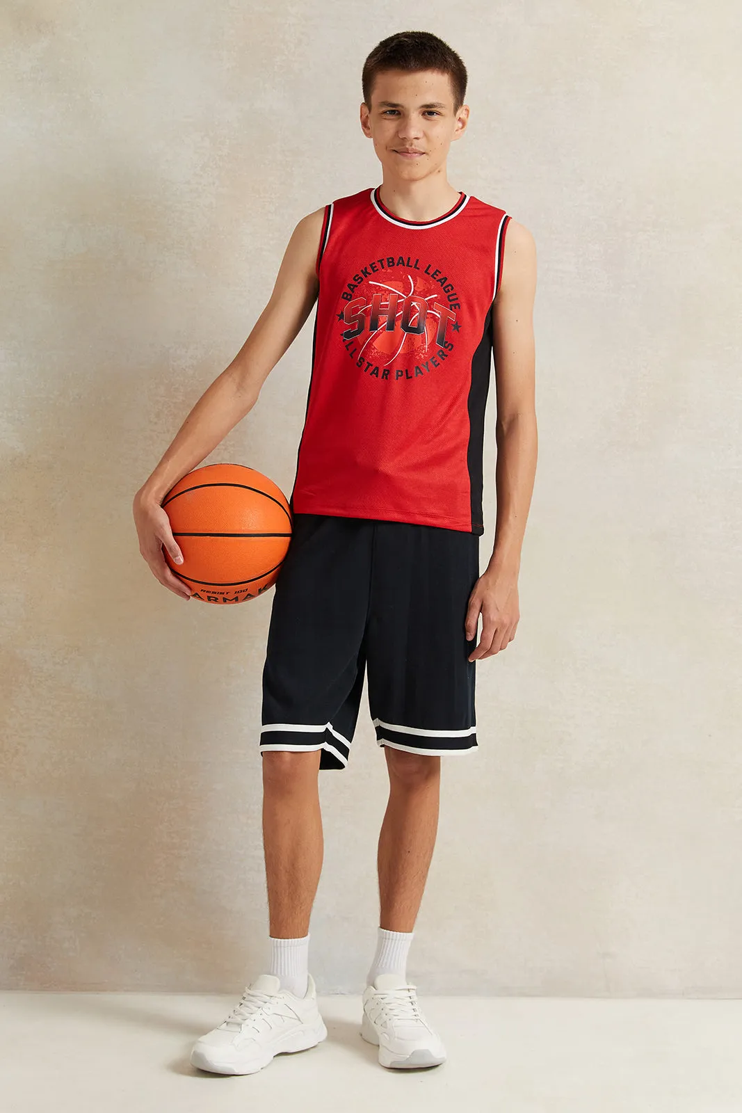 Senior Boys Red Printed Sleeveless T-Shirt