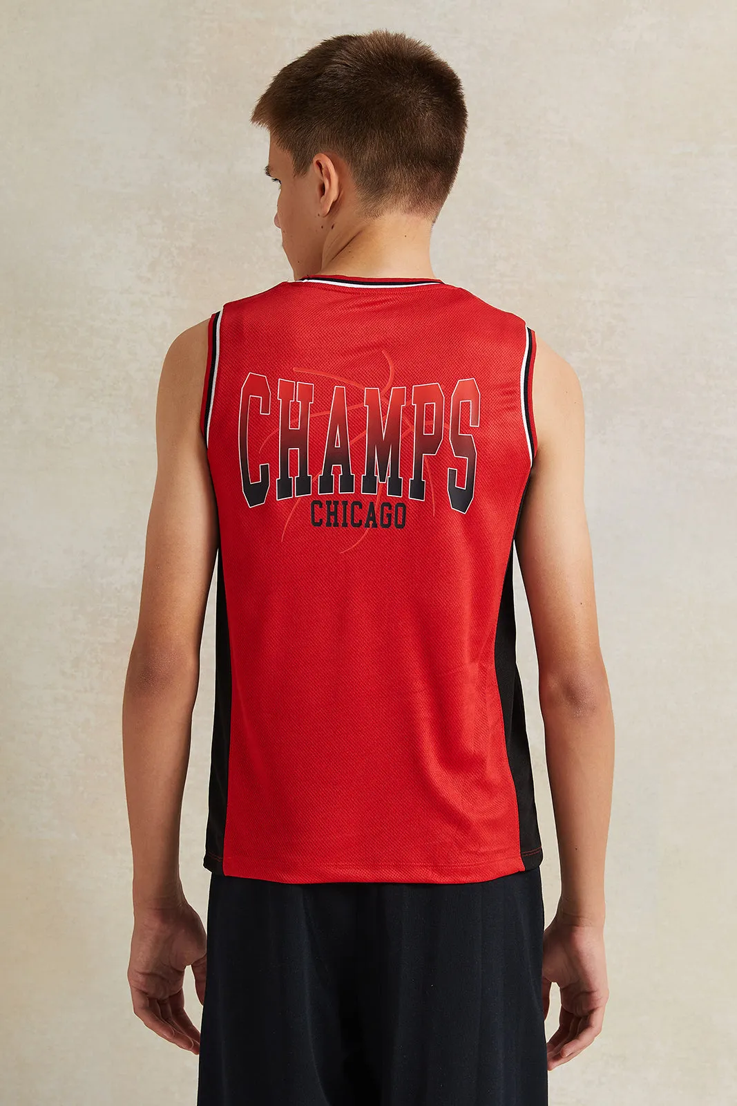 Senior Boys Red Printed Sleeveless T-Shirt