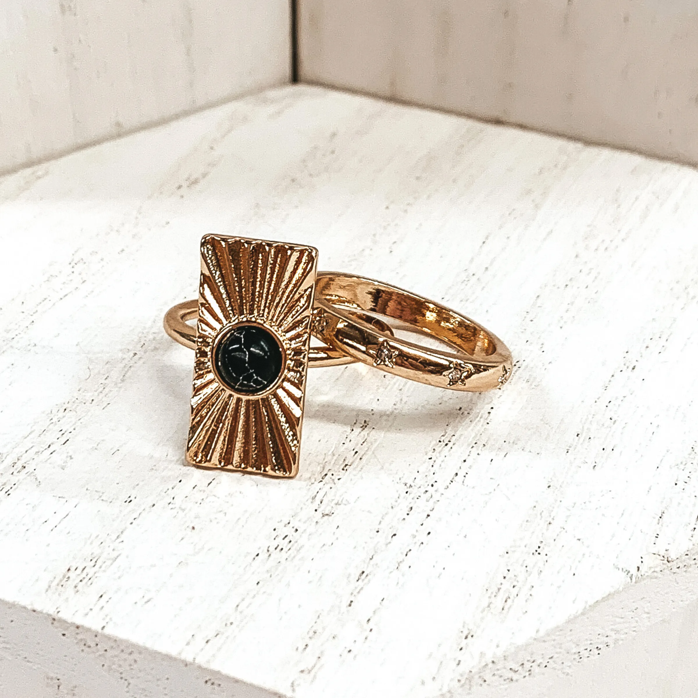 Set of 2 | Rectangle Shaped Sunburst Gold Tone Ring Set with Center Stone in Black