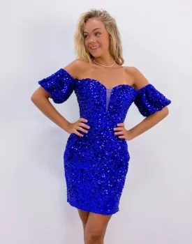 Sexy Short Sleeves Royal Blue Sequin Off Shoulder Homecoming Dress