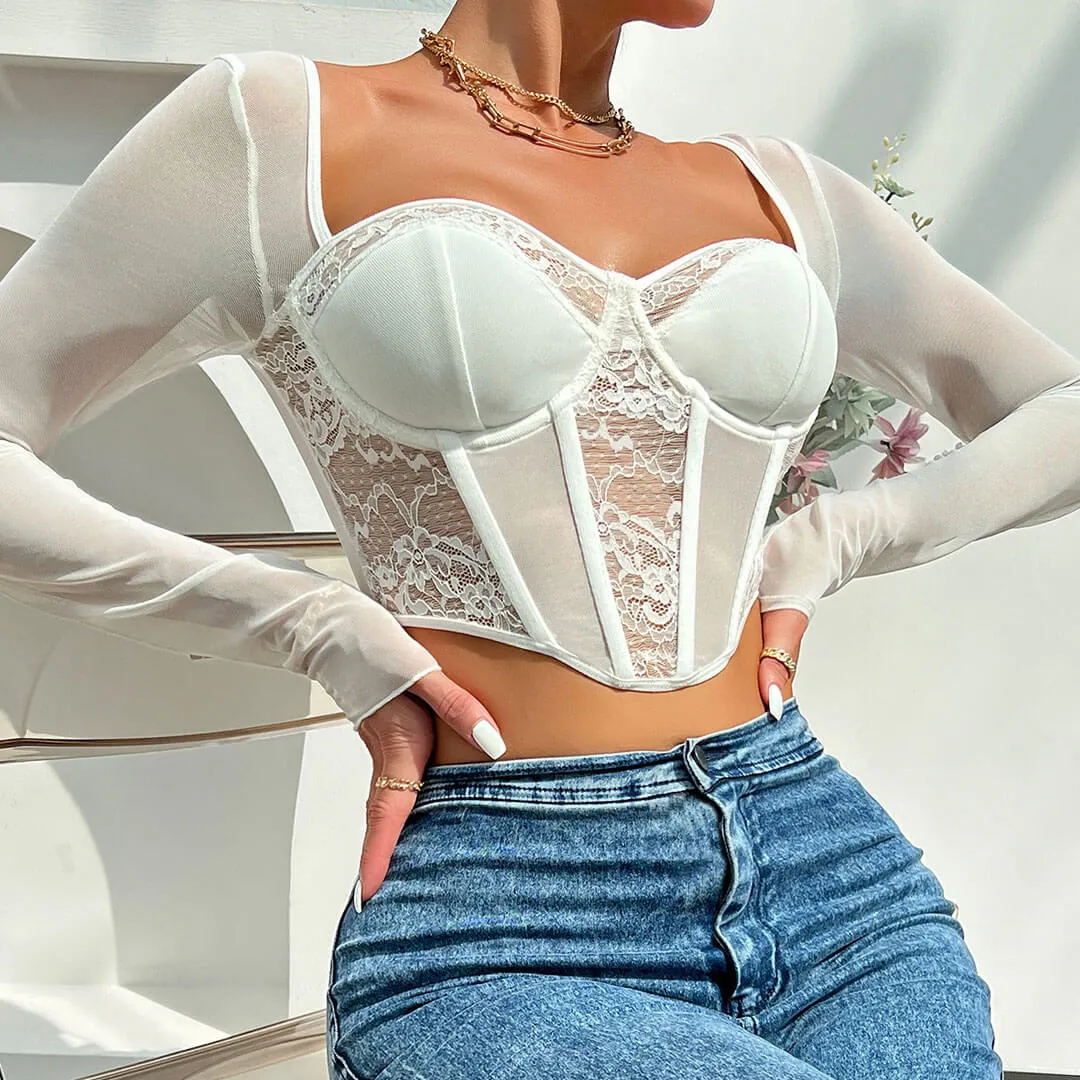 Sexy Sweetheart Long Sleeve Floral Lace Sheer Mesh Corset - White