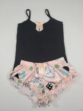 Sexy Women's pajama salmon satin shorts flowers and dogs theme black blouse