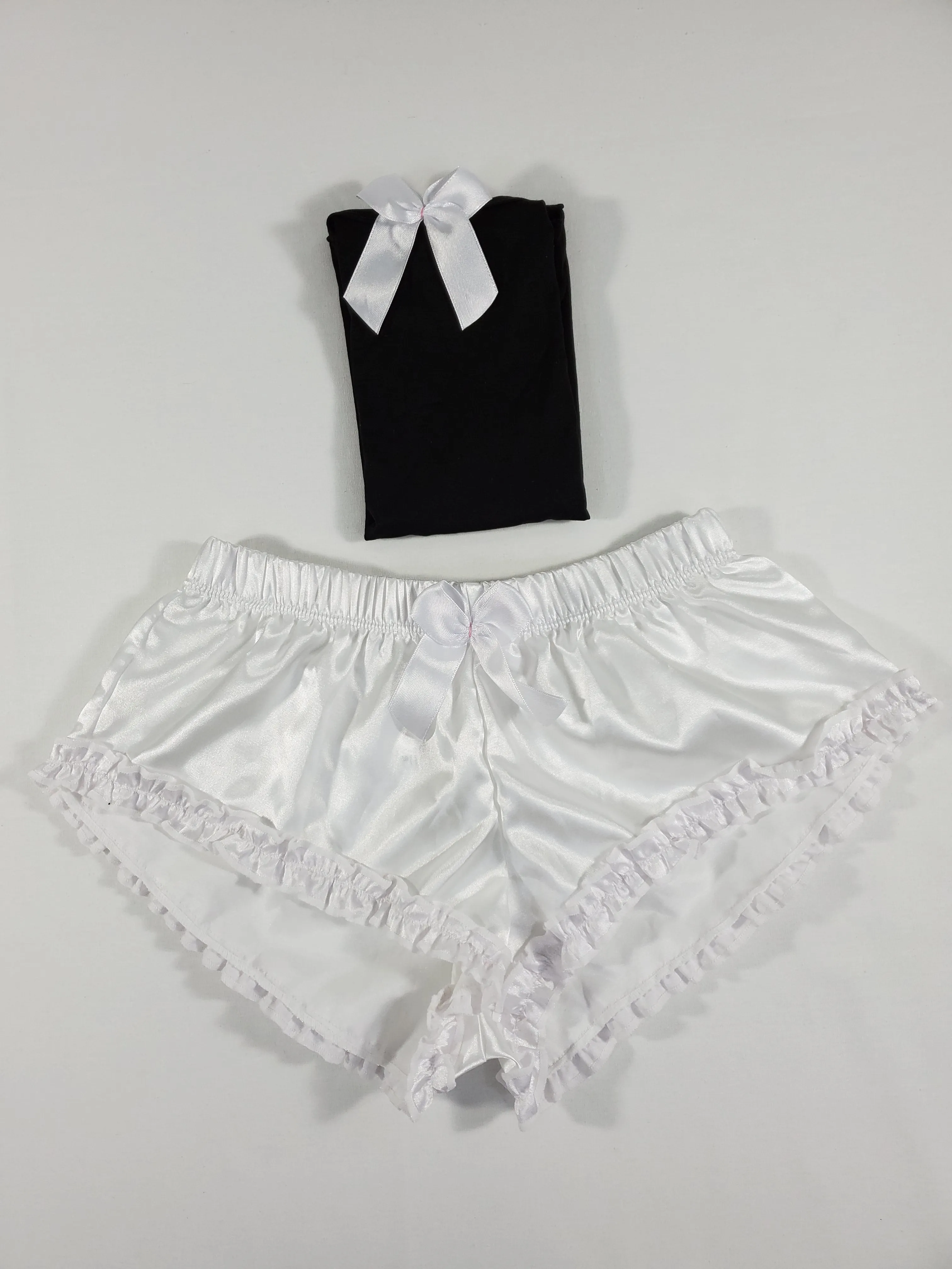 Sexy Women's pajama white satin shorts black blouse