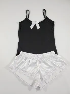 Sexy Women's pajama white satin shorts black blouse