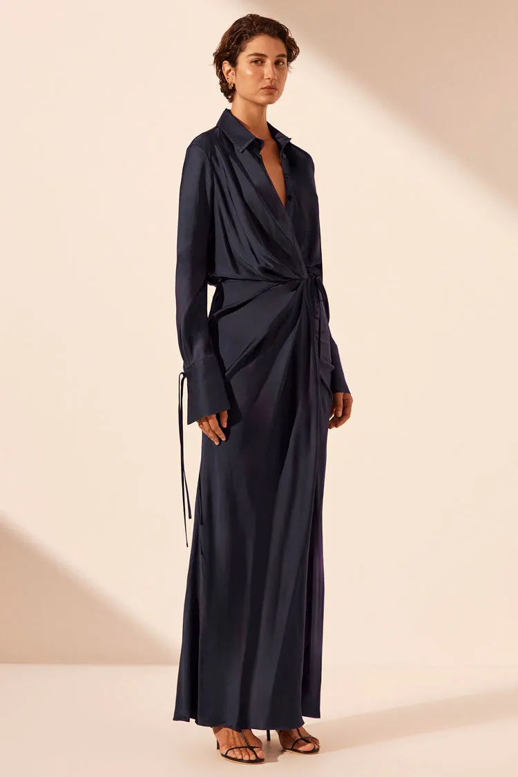 Shae Draped Shirt Maxi Dress in Aegean Blue